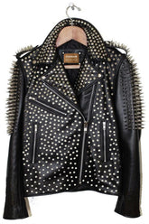 Men Biker's Black Color Clothing, Handmade Cow Skin Leather, Spiked Studded Personalized Jacket, Santa Carla Printed Punk Rock Gothic,